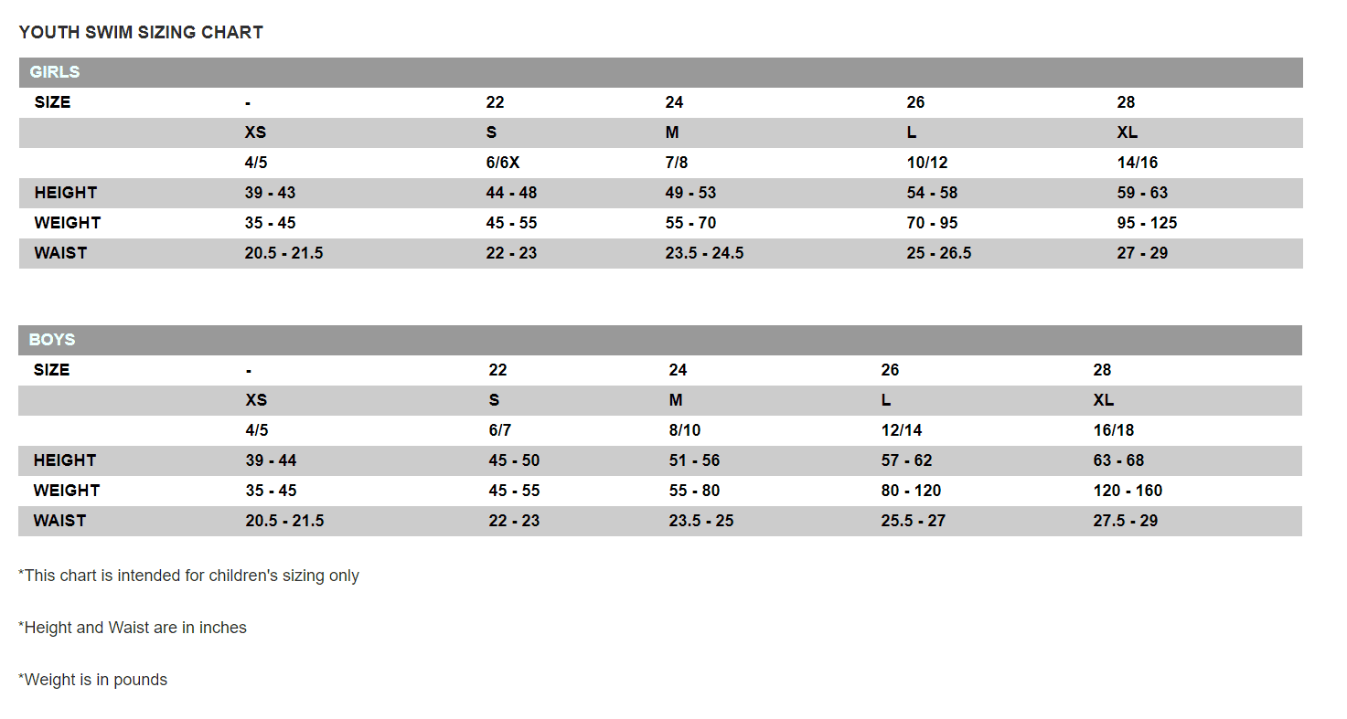 Youth Swim Sizing Chart for Girls & Boys