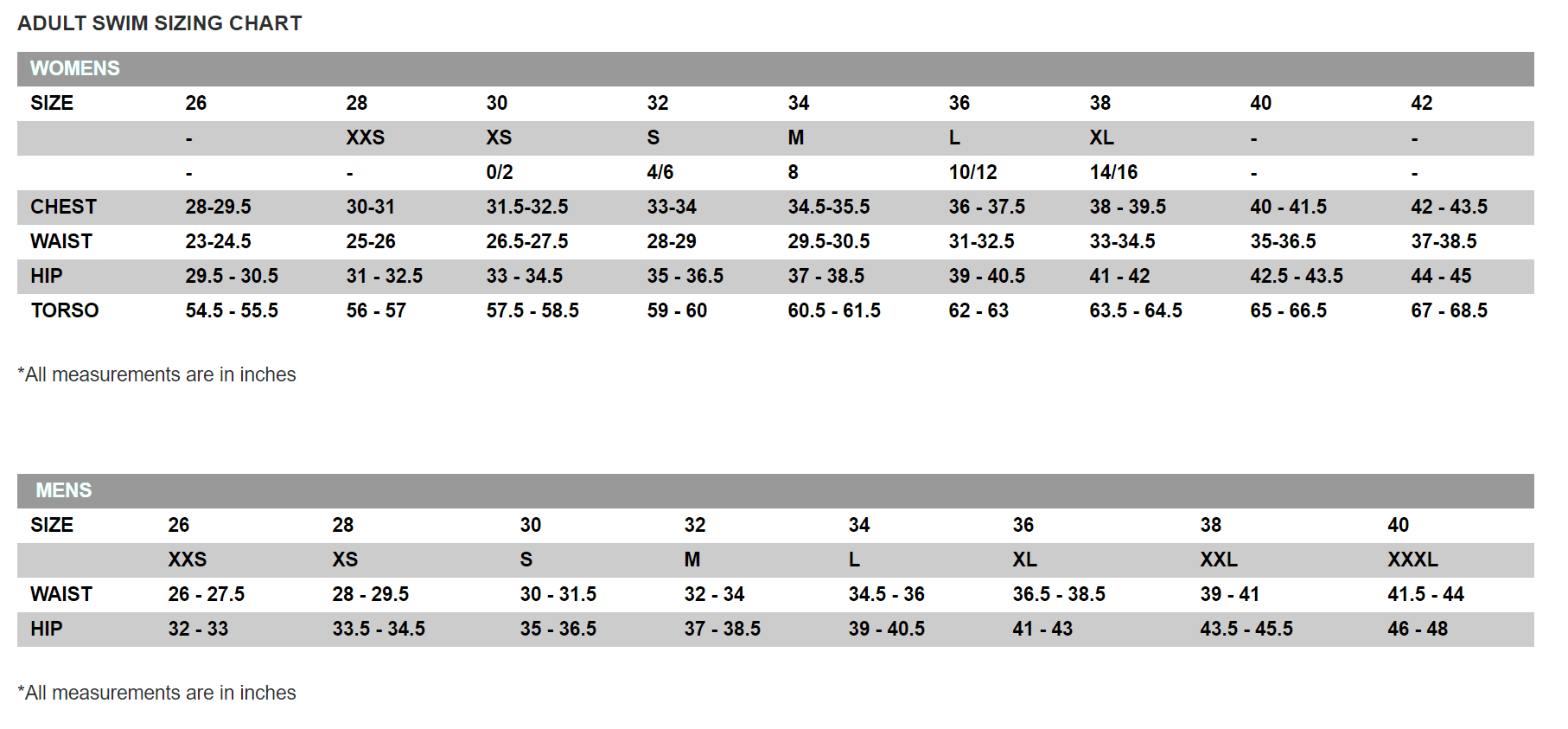 Adult Swim Sizing Chart for Womens & Mens