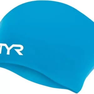 A close-up shot of Blue color swim cap for long hair