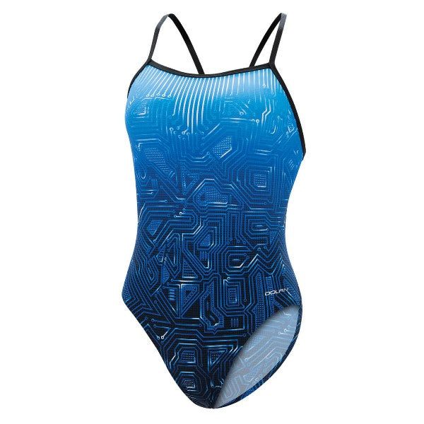 Blue circuit-board print thin-strap one-piece swimsuit