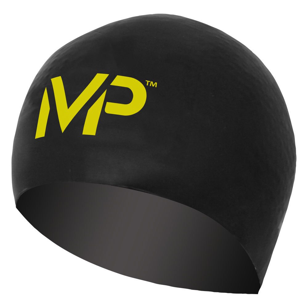 Black silicone swim cap with yellow MP logo