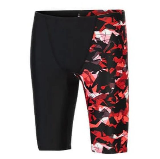 Black swim jammers with red geometric panel