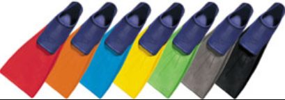 Seven colorful swim fins
