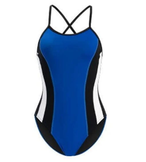 Blue one-piece swimsuit with black side panels