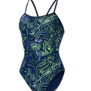 Women's navy neon swirl one-piece swimsuit