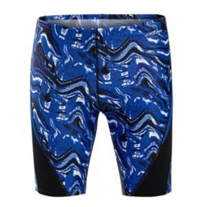 Blue marbled men's swim jammers with black panels