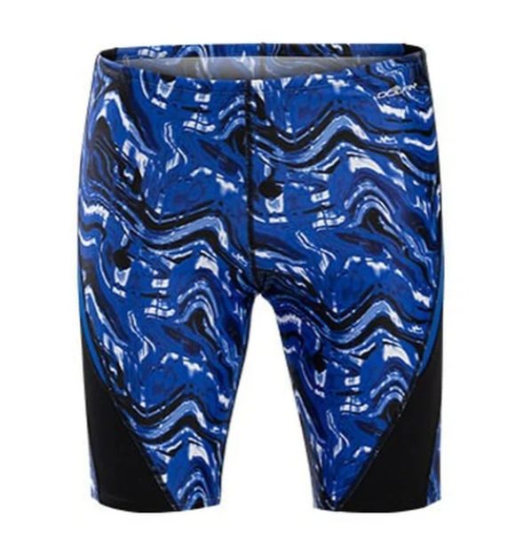 Blue marbled men's swim jammers with black panels