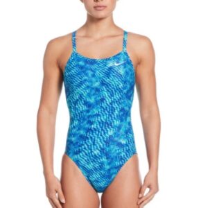 Woman wearing blue patterned one-piece swimsuit