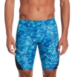 Man wearing blue patterned swim jammers