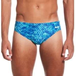Man wearing Nike blue patterned swim briefs