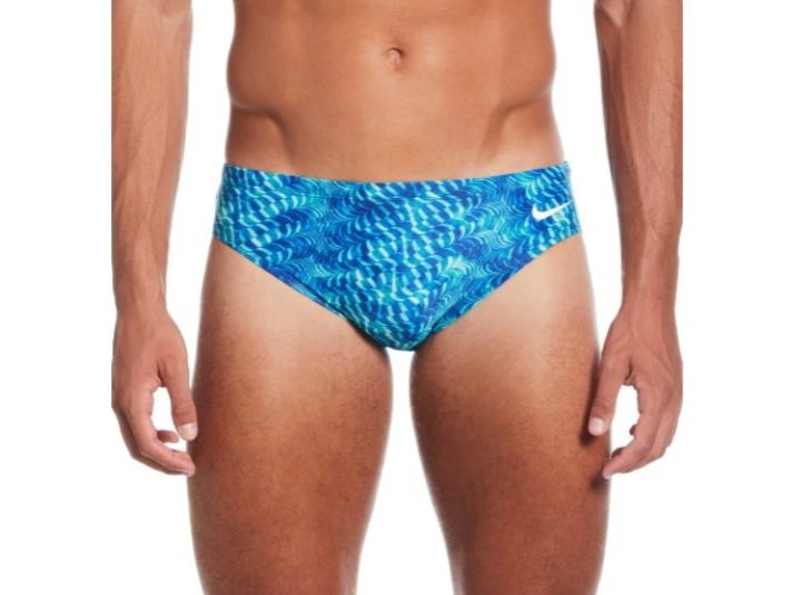 Man wearing Nike blue patterned swim briefs