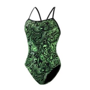 Neon green swirl one-piece swimsuit with thin straps