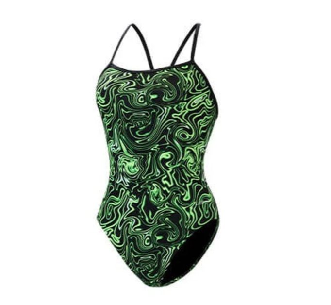 Neon green swirl one-piece swimsuit with thin straps