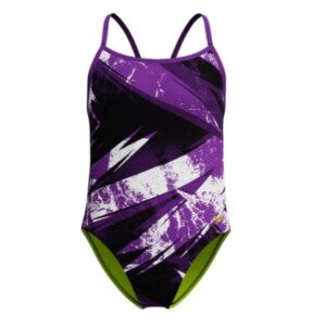 Purple abstract one-piece swimsuit with green trim