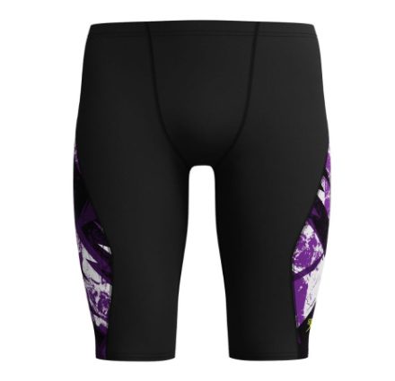 Black swim jammers with purple side panels