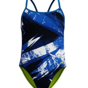 Blue abstract one-piece swimsuit with green lining