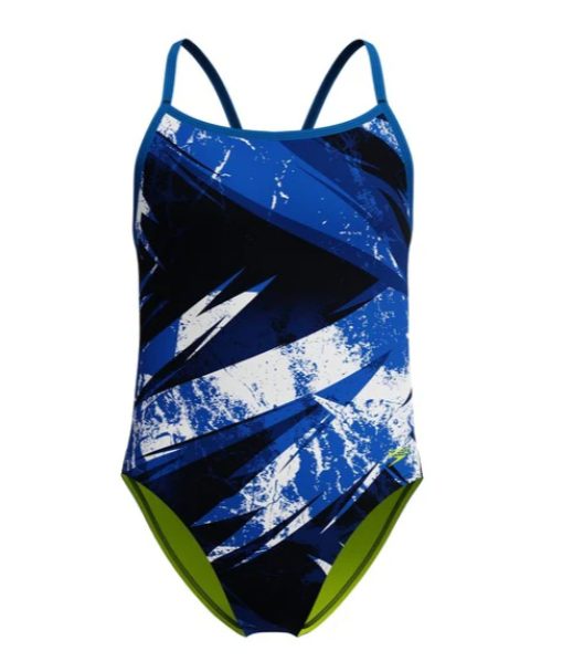 Blue abstract one-piece swimsuit with green lining