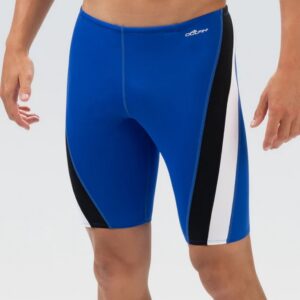 Blue swim jammers with black and white panels
