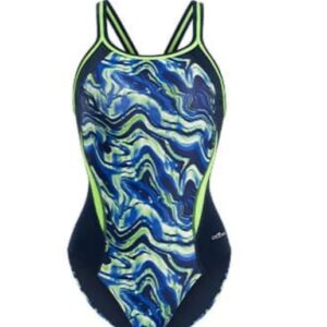 Blue green marbled one-piece swimsuit