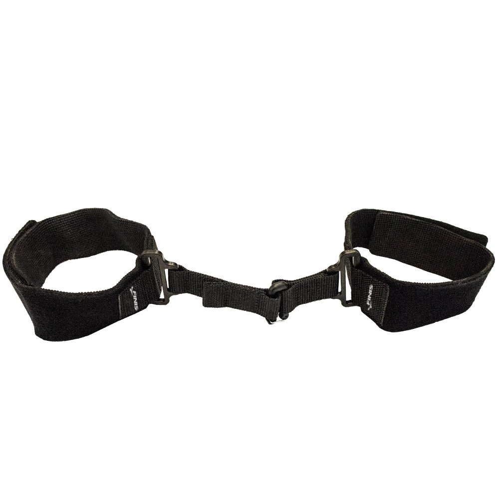 Black padded ankle cuffs with connecting strap