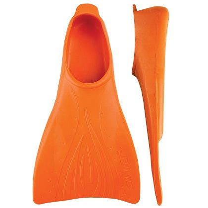 Orange short swim fins, top and side views