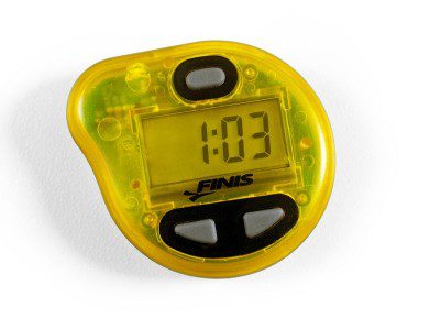Yellow digital FINIS stopwatch showing 1:03