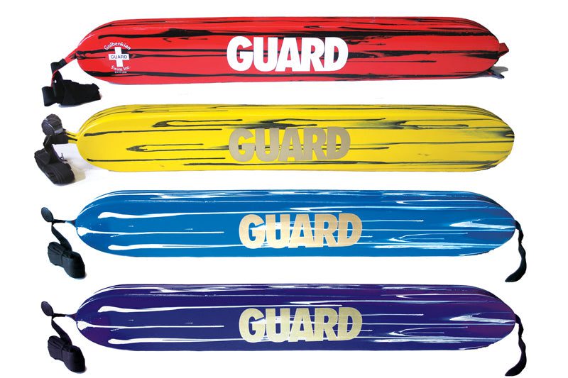 Four colored lifeguard rescue tubes labeled GUARD