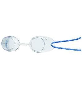Clear swimming goggles with blue strap
