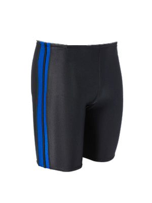 Black swim jammers with blue side stripes