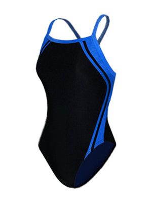 Black one-piece swimsuit with blue accents