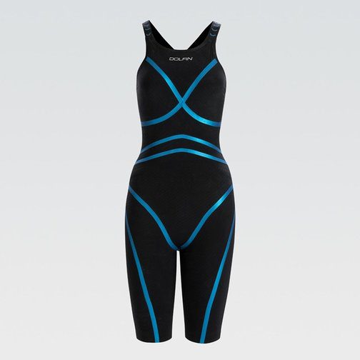 Women's black competitive swimsuit with blue stripes