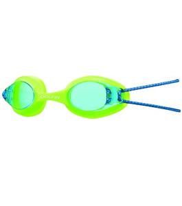 Neon green swimming goggles with blue straps