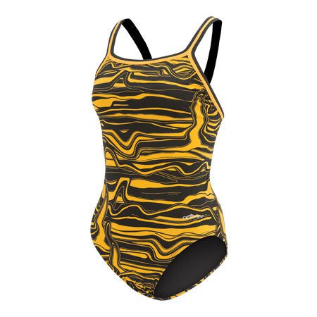 Yellow and black marbled one-piece swimsuit