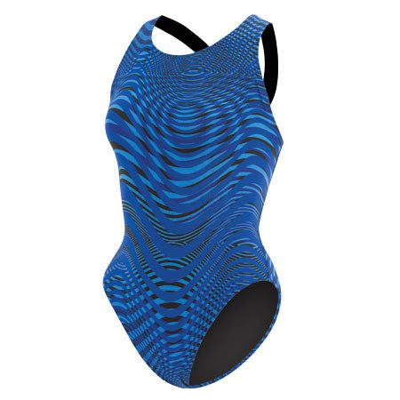 Blue wavy patterned women's one-piece swimsuit