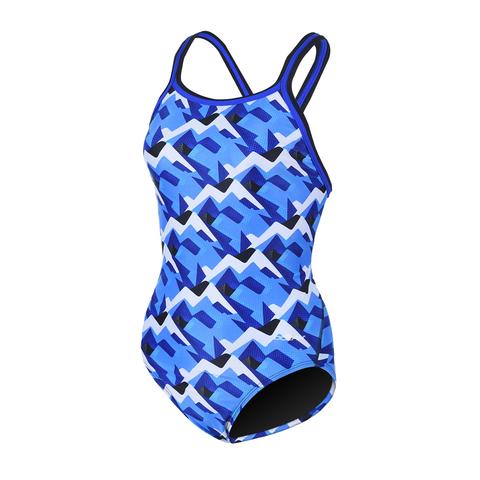 Blue geometric one-piece swimsuit with thin straps