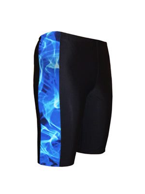 Black swim jammers with blue water stripe