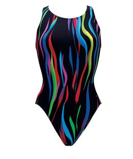 Black one-piece swimsuit with colorful wavy stripes