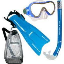 Blue snorkel set with fins, mask, bag