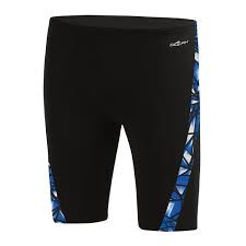 Black swim jammers with blue geometric side panels