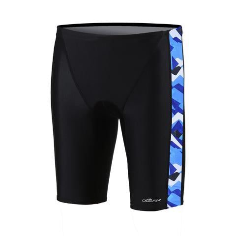 Black swim jammers with blue geometric panel