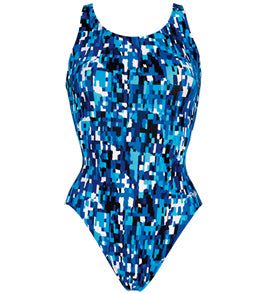 Blue pixelated pattern one-piece swimsuit