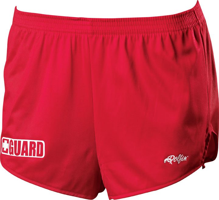Red lifeguard shorts with GUARD logo