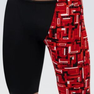 Black swim jammers with red geometric panel