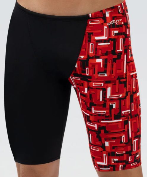 Black swim jammers with red geometric panel
