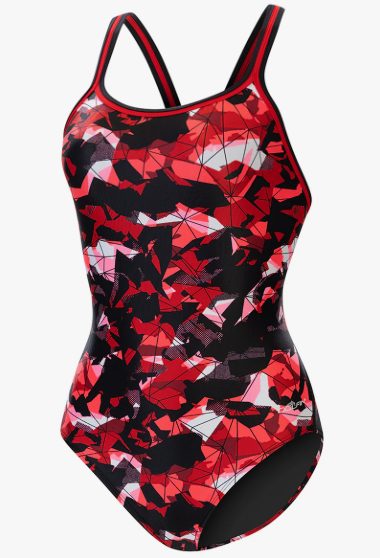 Red and black abstract patterned one-piece swimsuit