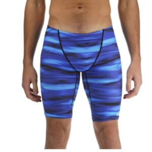 Man wearing blue patterned swim jammers