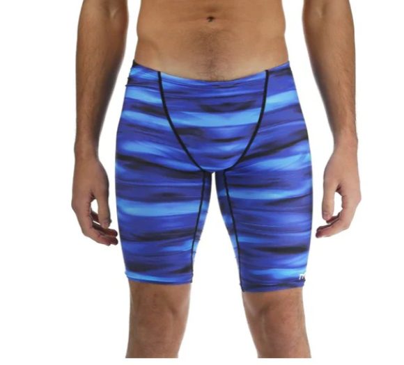 Man wearing blue patterned swim jammers