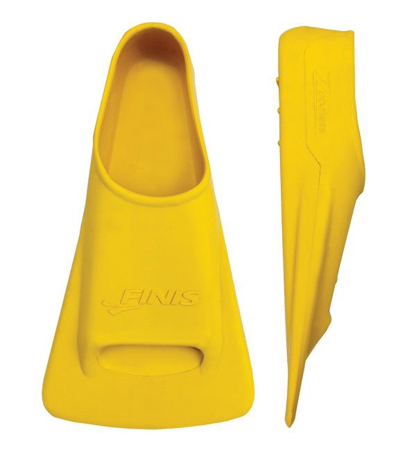 Yellow swim training fins, top and side views