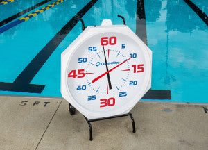 Octagonal pace clock on swimming pool deck