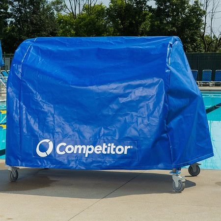 Blue Competitor-branded cover over poolside equipment cart